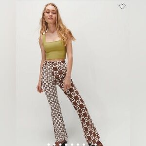 Checked Brown White Daisy Floral High-Rise Flare Pants in Brown and White